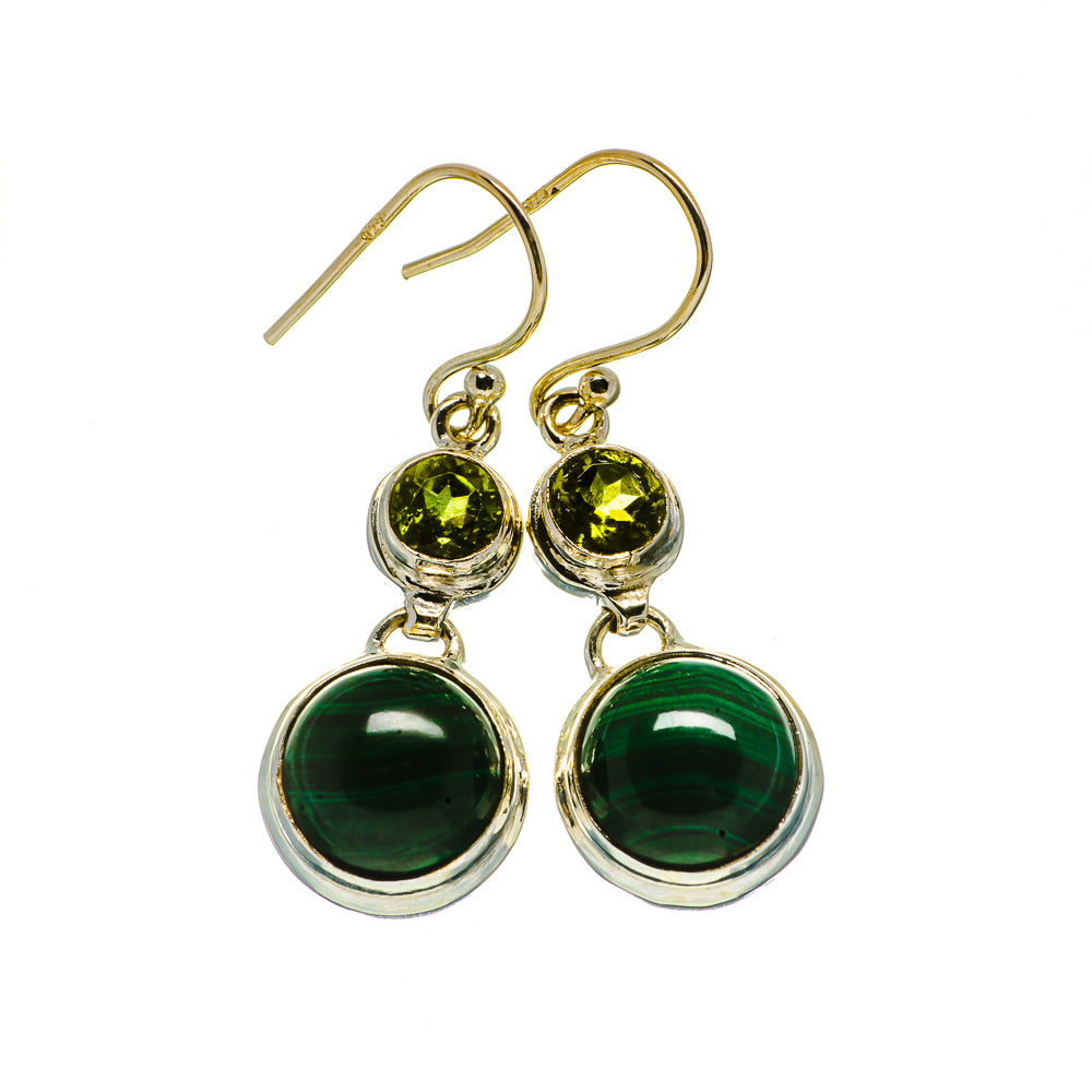 Malachite and peridot drop earrings, round green stones in gold and silver settings