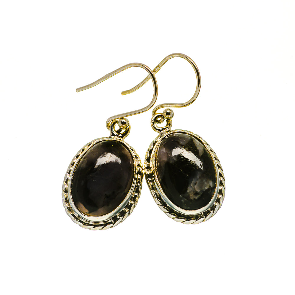925 sterling silver oval drop earrings with dark gabbro stones and gold-tone hooks