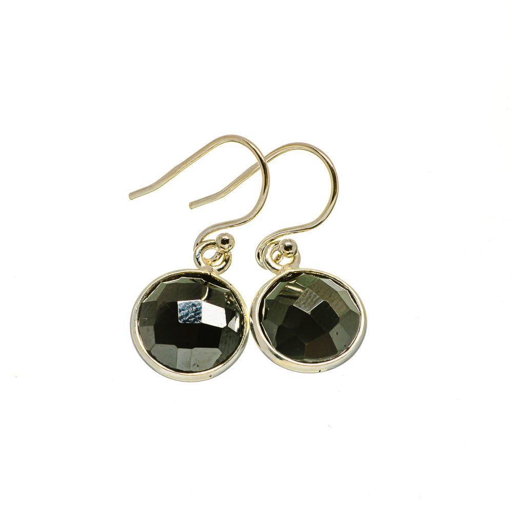 Sterling silver hoop earrings with round faceted black stones and fishhook backs