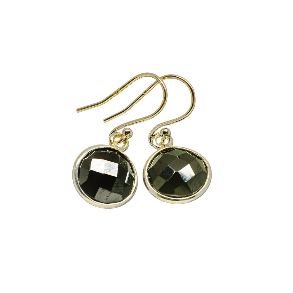 Faceted dark onyx drop earrings with circular bezel, gold-tone fishhook, black stone discs