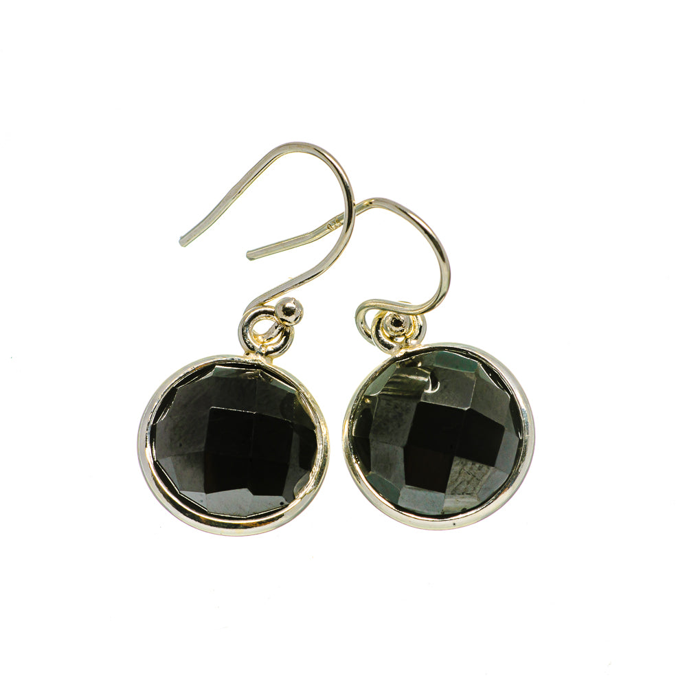 Sterling silver hoop earrings with dark round faceted onyx dangles