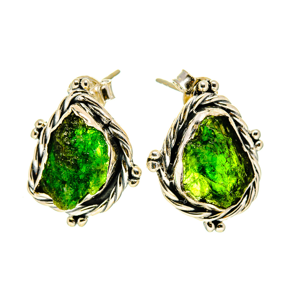 925 sterling silver stud earrings with rough green diopside teardrops and ornate twisted setting