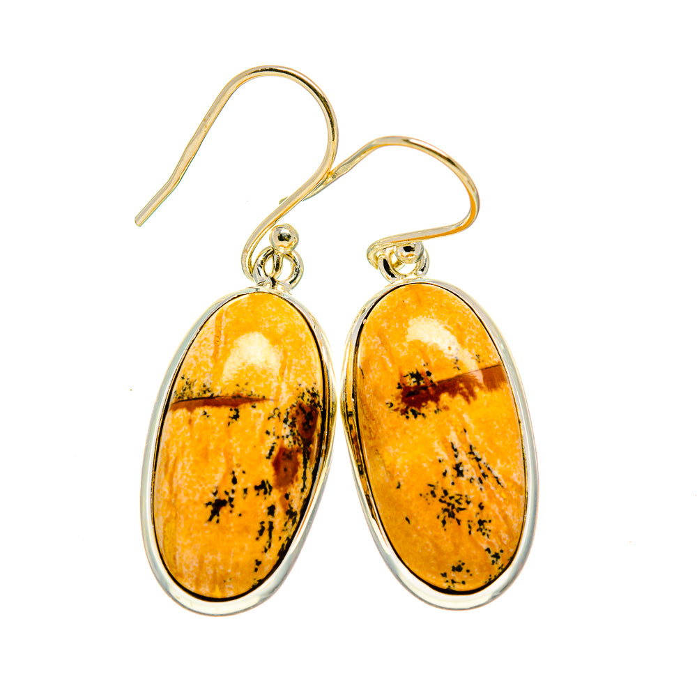Oval picture jasper drop earrings, amber orange speckled stones in 925 sterling silver, hook backs