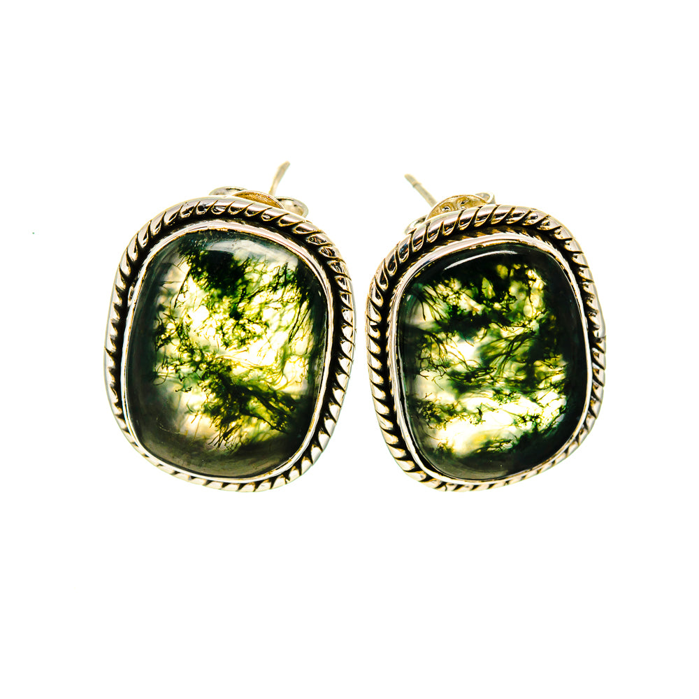 Oval green moss agate stud earrings with rope-textured silver bezel, pair view