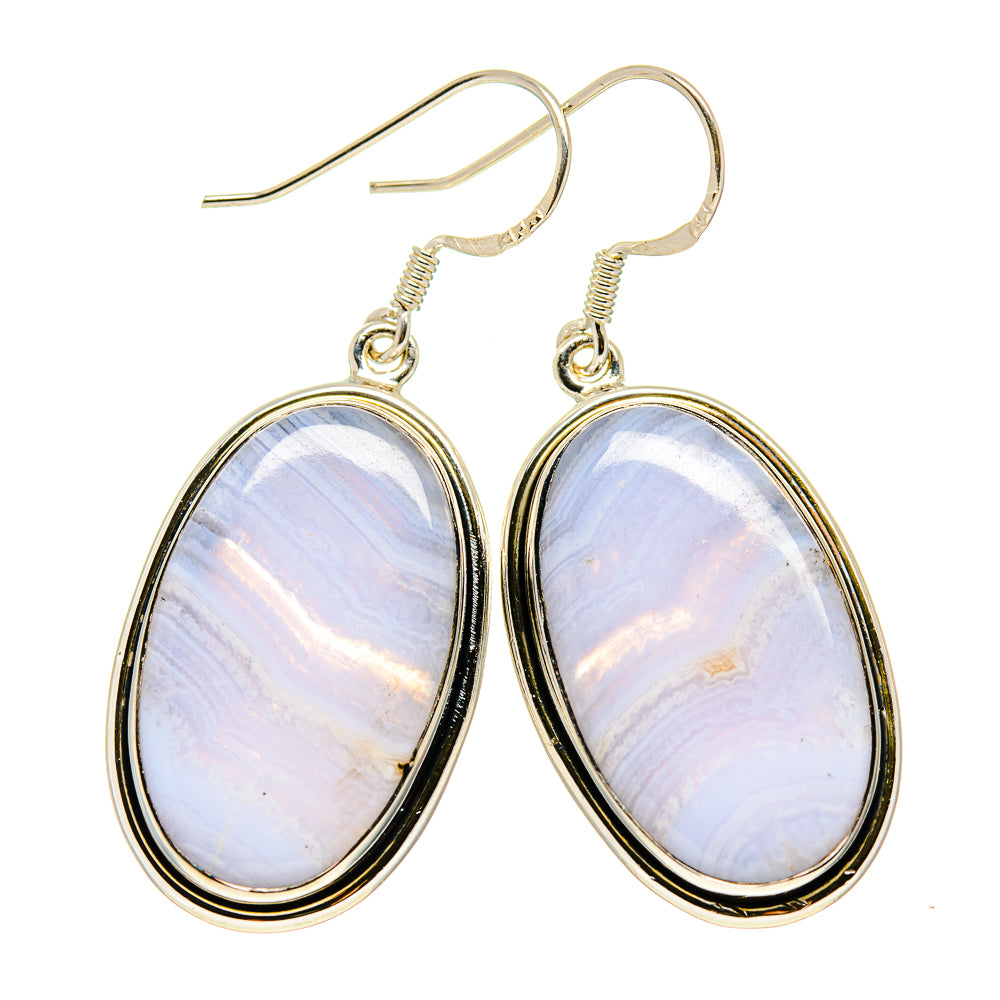 Oval blue lace agate earrings with gold-tone bezel and fishhook backs
