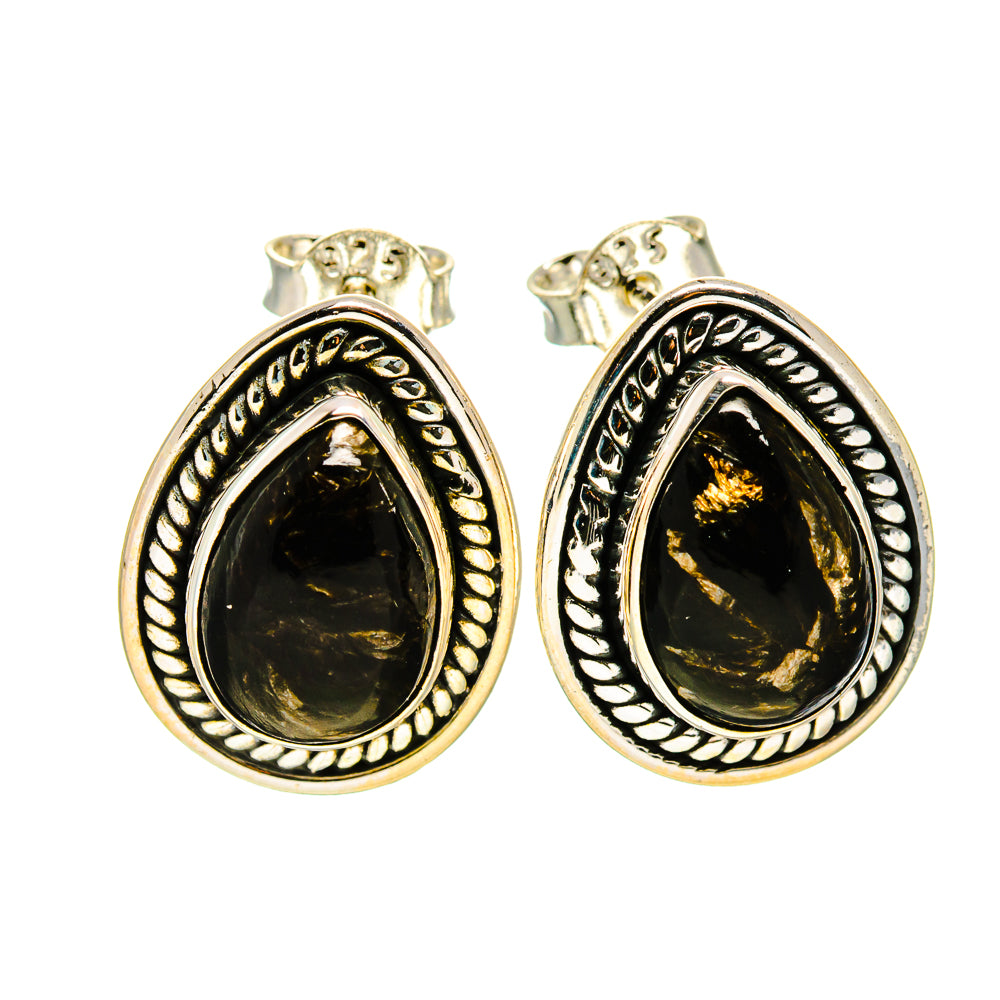 Teardrop seraphinite earrings with ornate bezel, 925 sterling silver posts, gold flecks