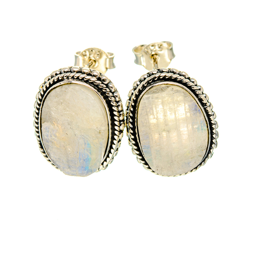 Oval moonstone stud earrings with rope-silver bezel and bezel-set iridescent stone