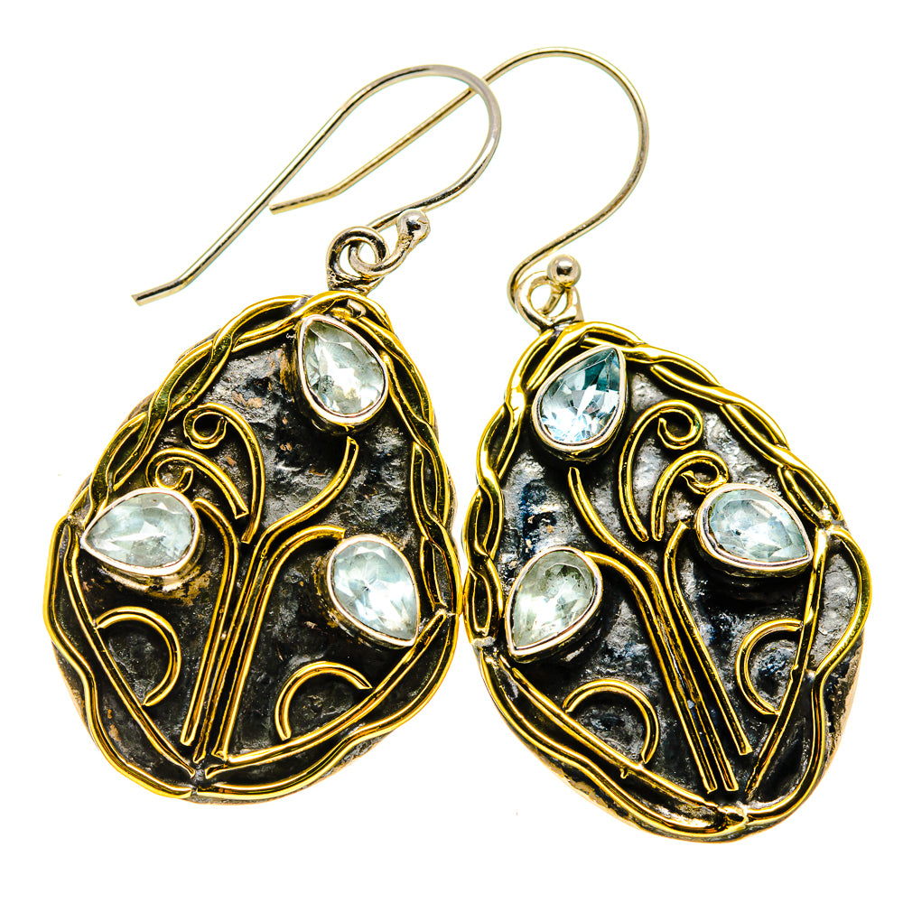 Ornate oval filigree earrings with blue gemstones and silver drop hooks, gold-tone frame