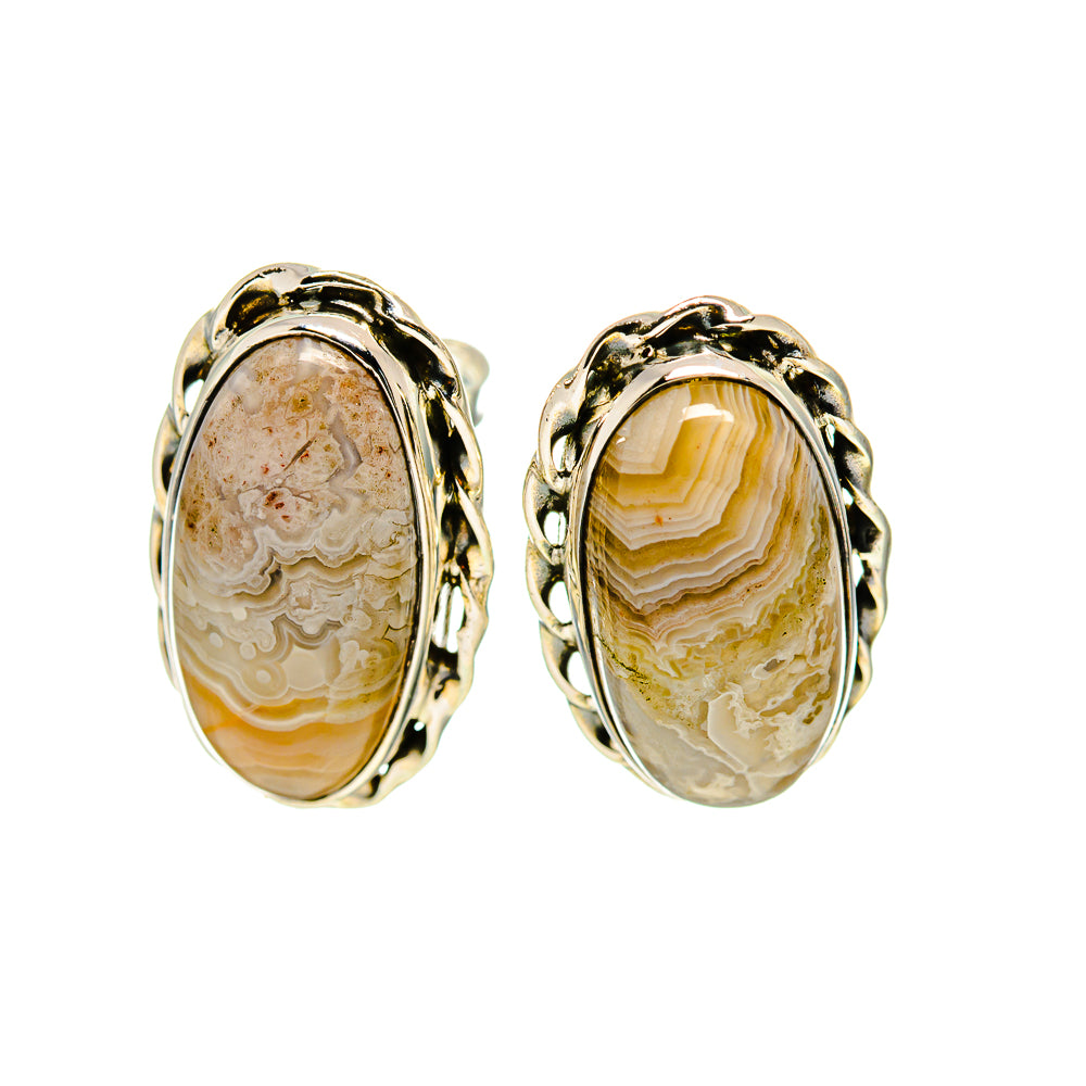Pair of oval lace agate stud earrings with 925 sterling silver scalloped settings, warm beige