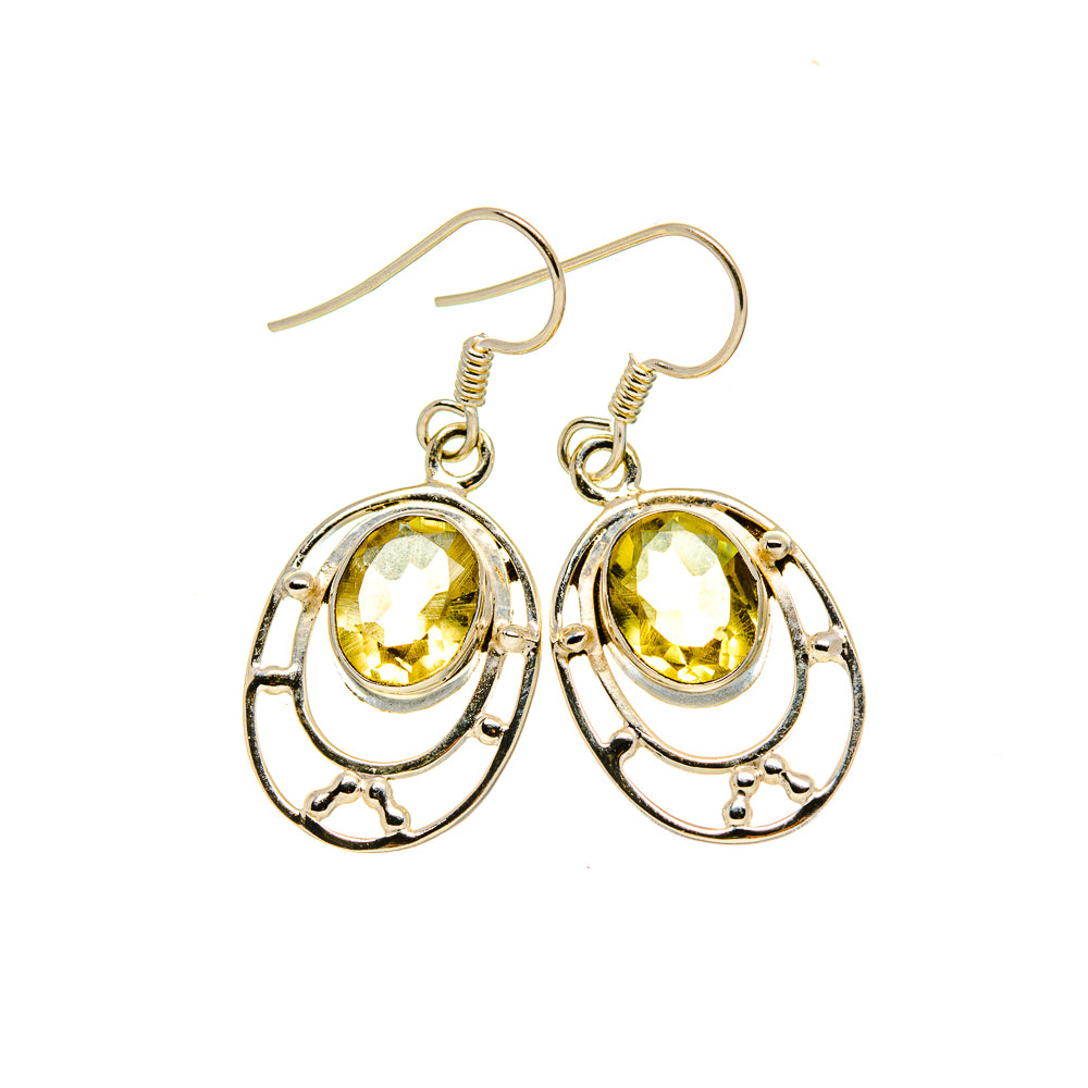 Citrine oval faceted drop earrings in sterling silver, fishhook style, decorative bezel