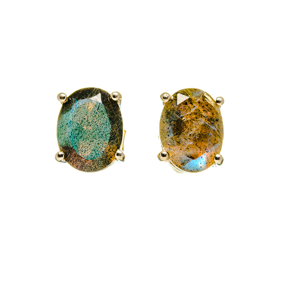 Labradorite oval stud earrings in 925 sterling silver, four-prong bezel settings