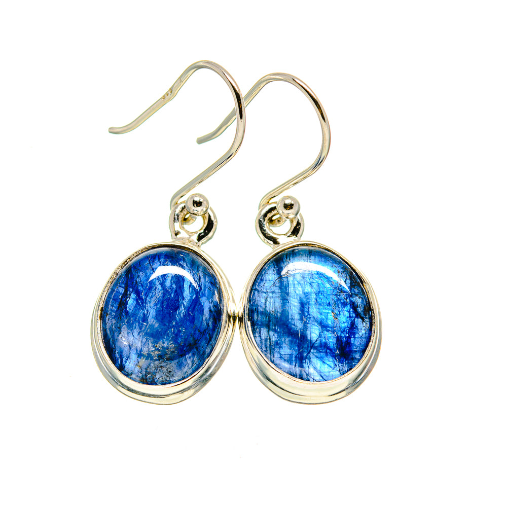 925 sterling silver Kyanite drop earrings, round blue gemstones with hinged fishhook closures