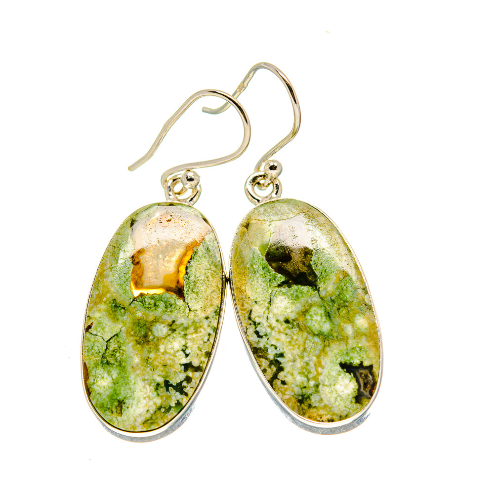 Pair of teardrop opal earrings, 925 sterling silver frames, green druzy-like center