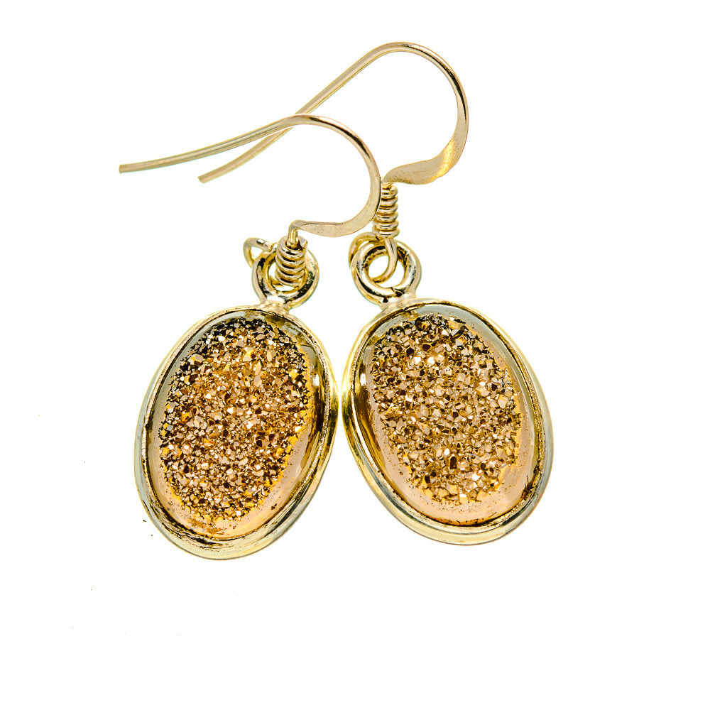 Gold-tone oval druzy drop earrings with fishhook and gold glitter centers