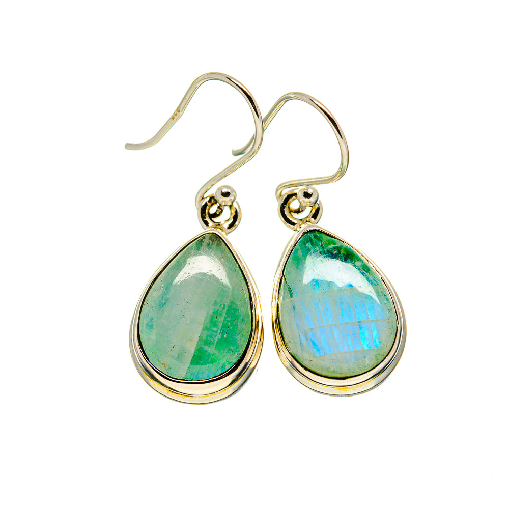 Pear-drop earrings with green/teal moonstone teardrops and gold-tone fishhook backs
