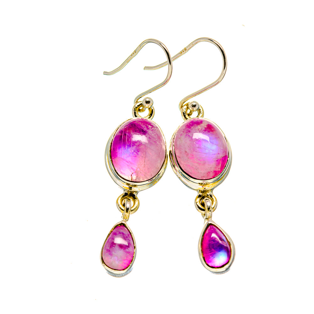 Gold-tone oval earrings with pink stones and dangling teardrop charms