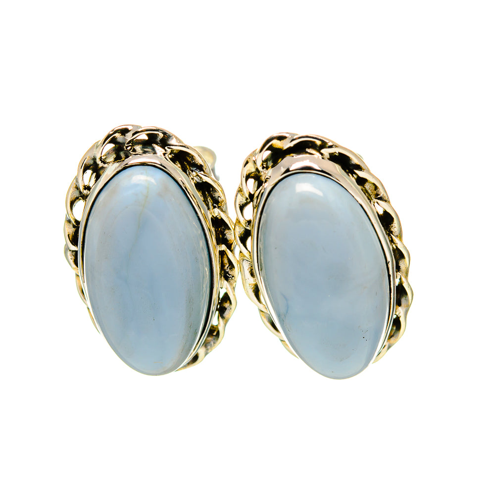 Oval opal stud earrings, gold-tone bezel and scalloped frame, light blue cabochon