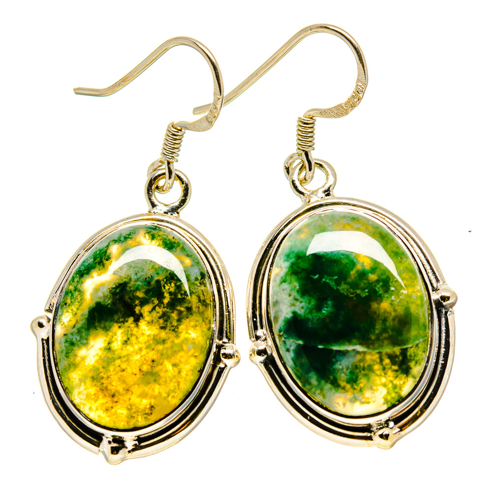 Pair of oval moss agate earrings, green-yellow stone in silver oval frame, fishhook