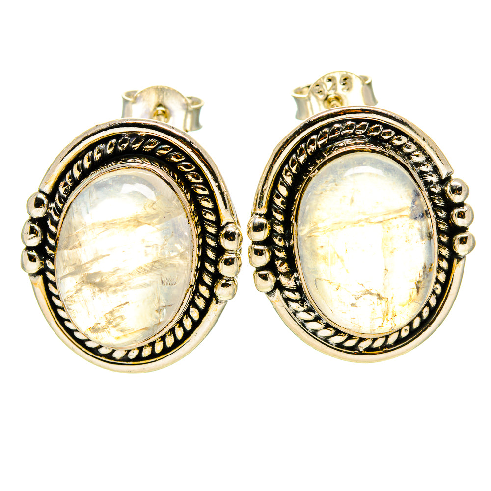 925 sterling silver oval moonstone stud earrings, bezel with decorative border