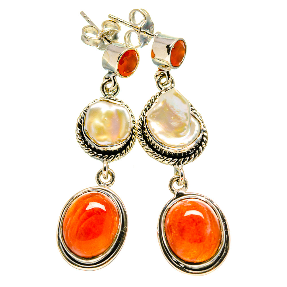 Sterling silver drop earrings with orange carnelian, white mother-of-pearl and round charms