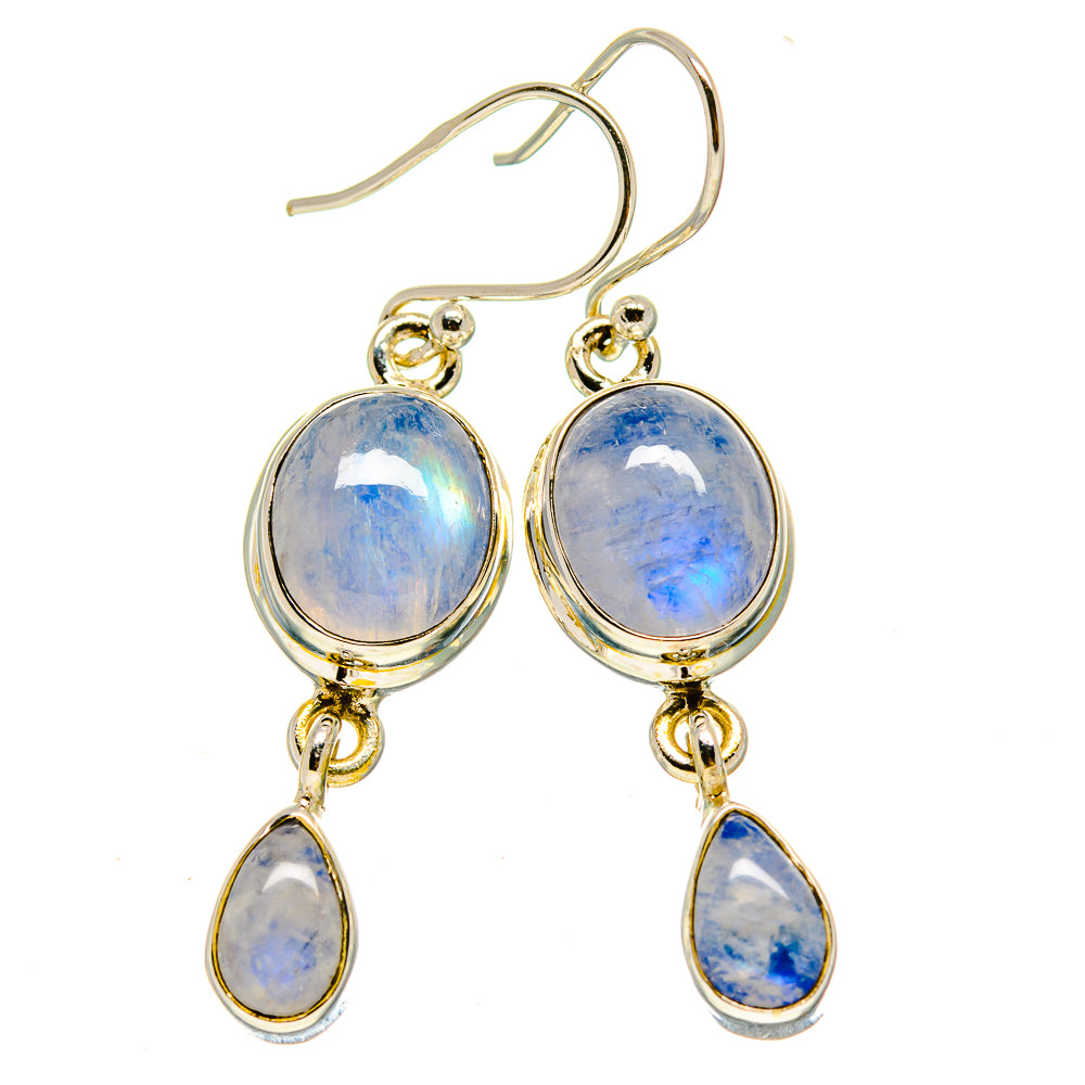 Gold-tone teardrop moonstone dangle earrings with oval top stones and hook backs