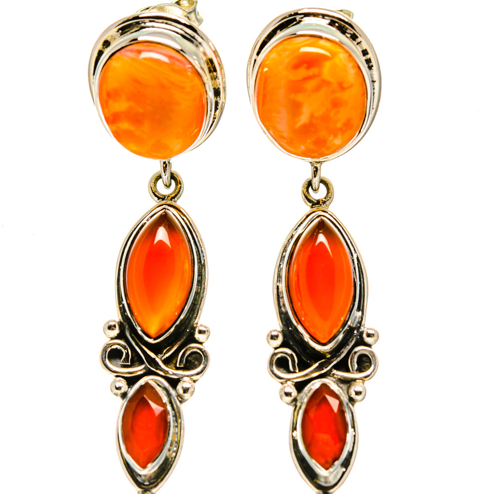 Carnelian and sunstone drop earrings, oval and round orange-red stones in 925 silver