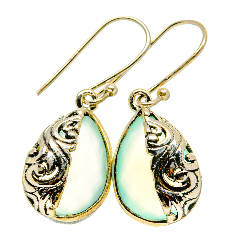 Aqua chalcedony teardrop earrings in 925 sterling silver with ornate bail hooks