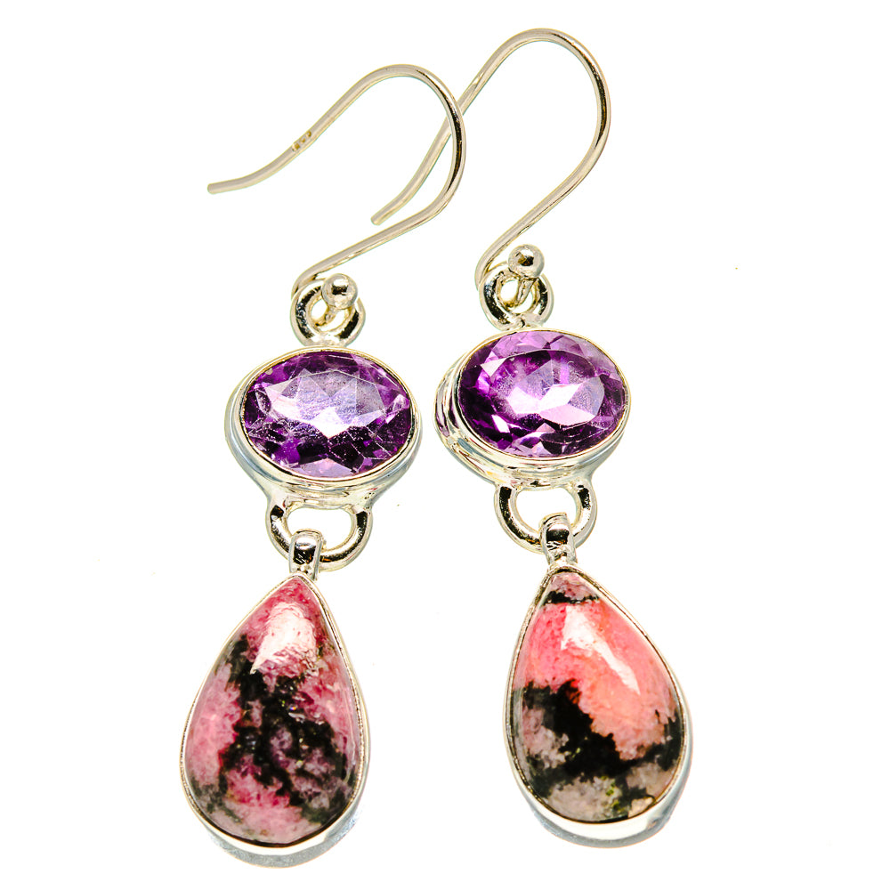 Amethyst and rhodonite drop earrings in sterling silver, round purple tops with teardrop rhodonite.