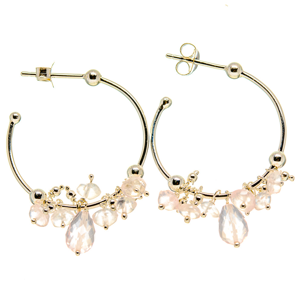 Sterling silver hoop earrings with rose quartz pink gemstone cluster, ball posts