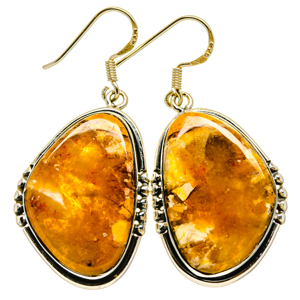 Oval amber agate dangle earrings with sterling silver frames and hook backs