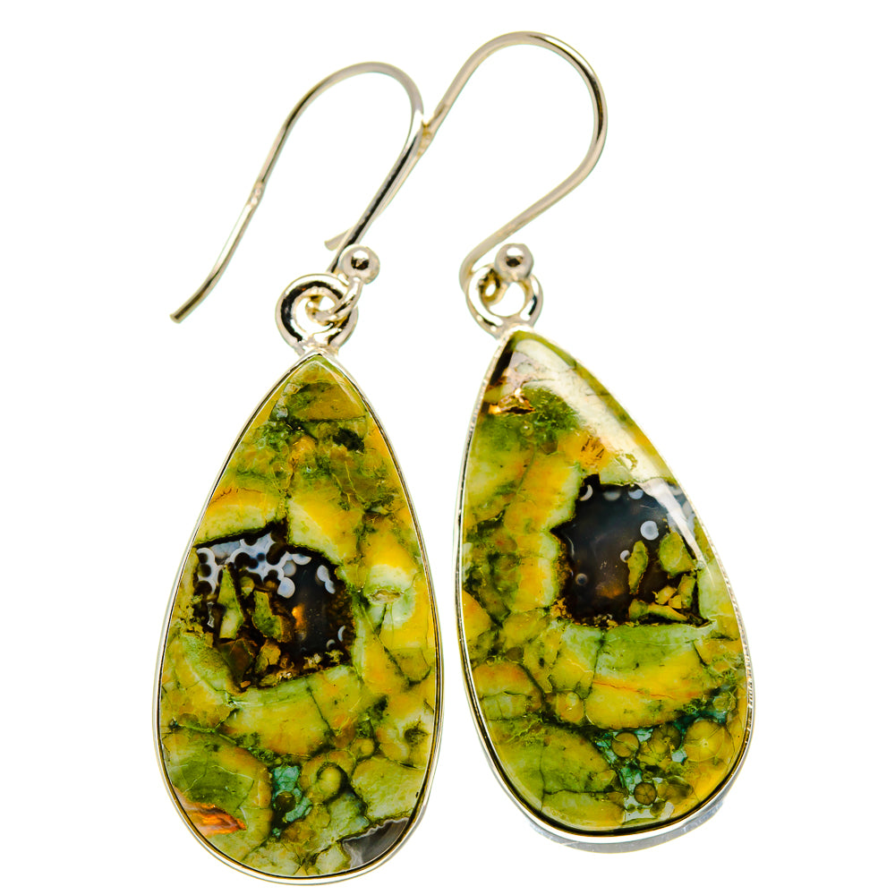 Sterling silver teardrop earrings with green opal-style stone and lever-back hooks
