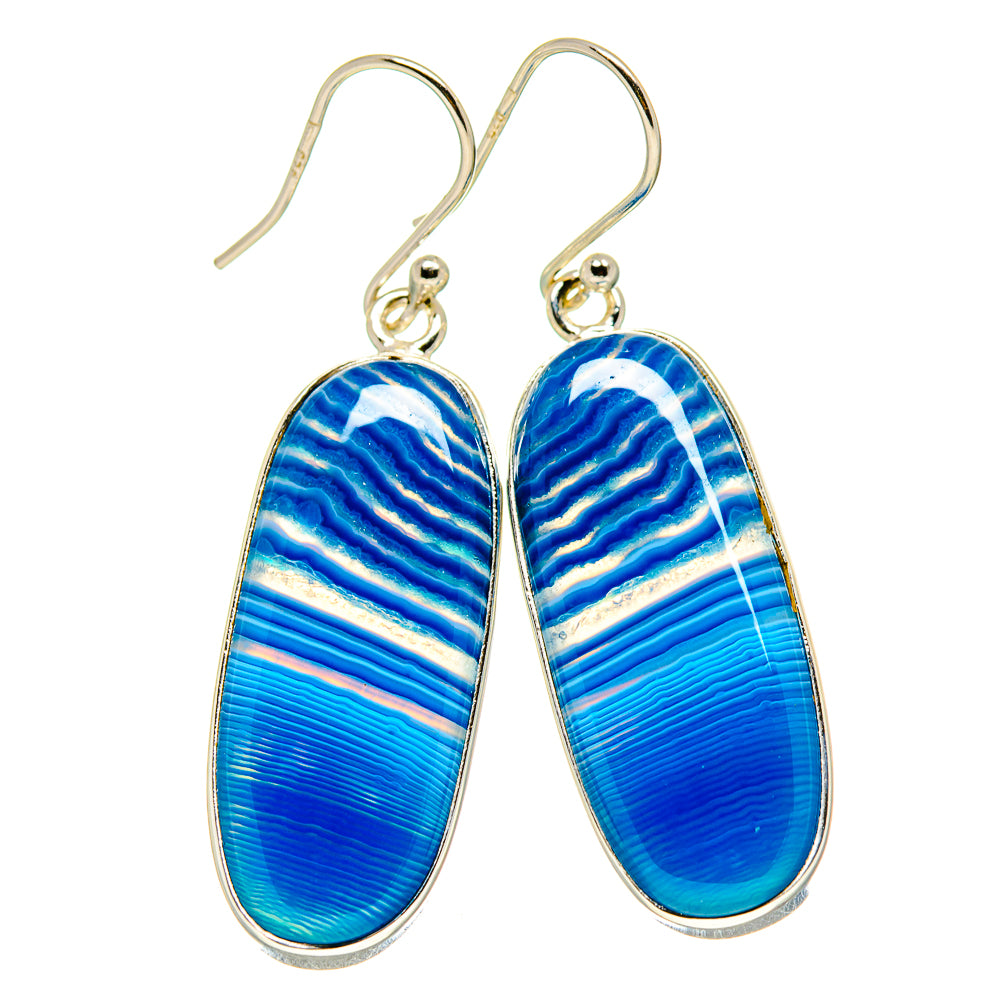 Blue Botswana agate oval drop earrings in sterling silver, with fishhook backs