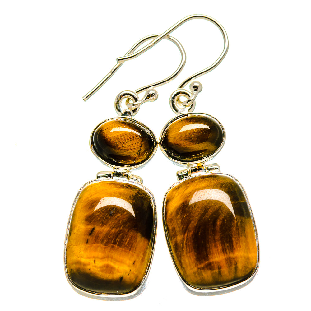 Tiger eye chandelier earrings with two oval stones per earring and silver French hooks
