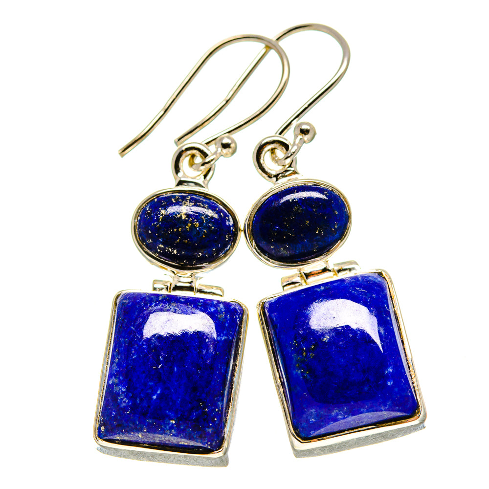 Lapis lazuli drop earrings: round and square blue stones, sterling silver hooks