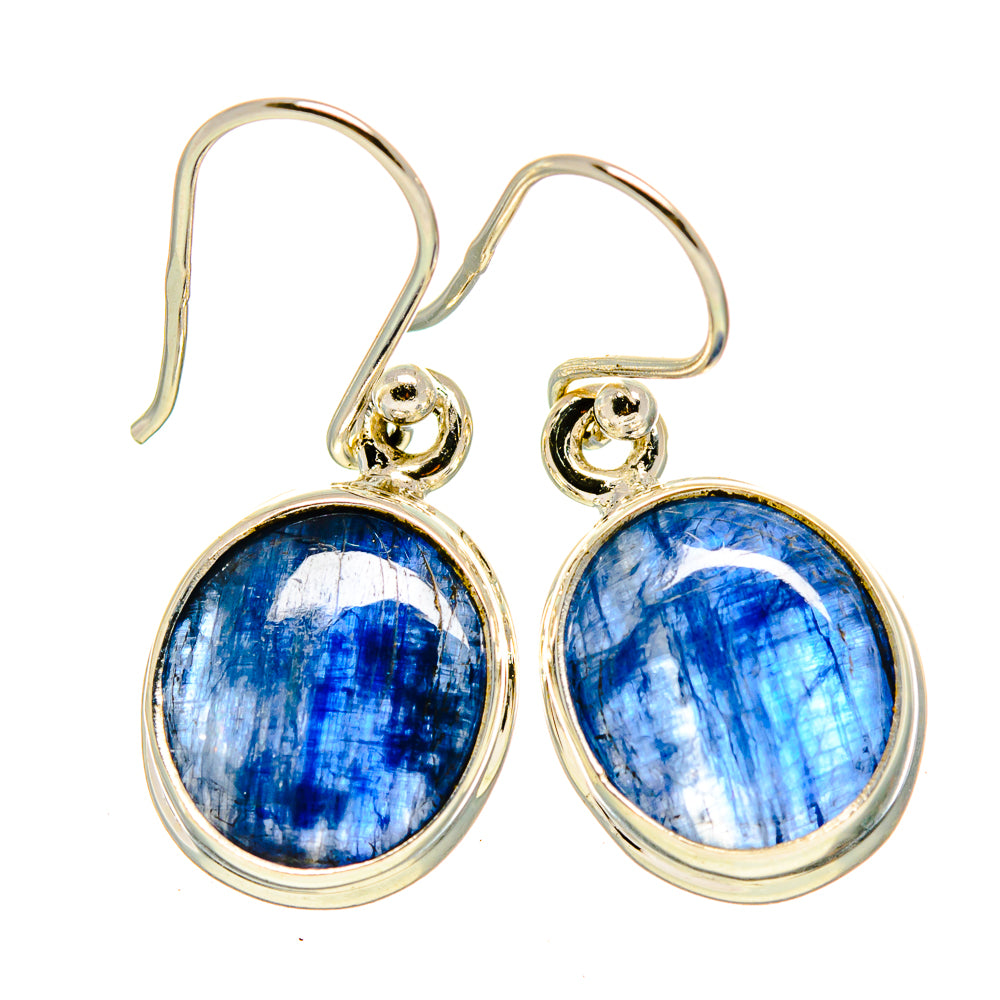 Oval kyanite drop earrings with blue cabochon stones and sterling silver hook settings