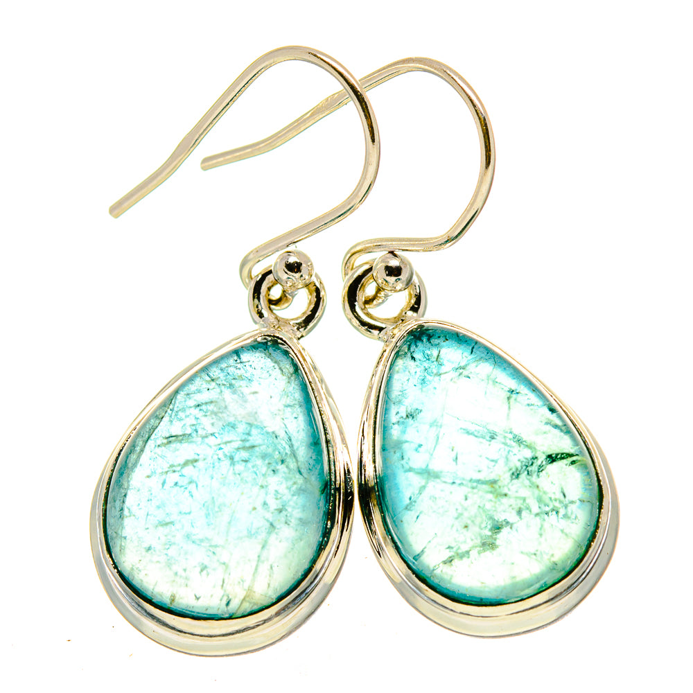 Sterling silver blue-green fluorite teardrop earrings with hook backs and bezel settings