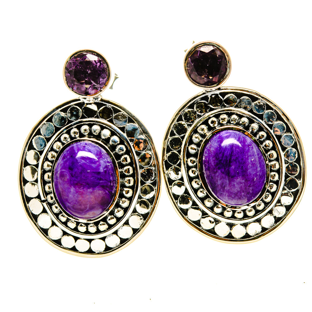 Charoite and amethyst drop earrings with purple round stones and blue accents, silver-tone