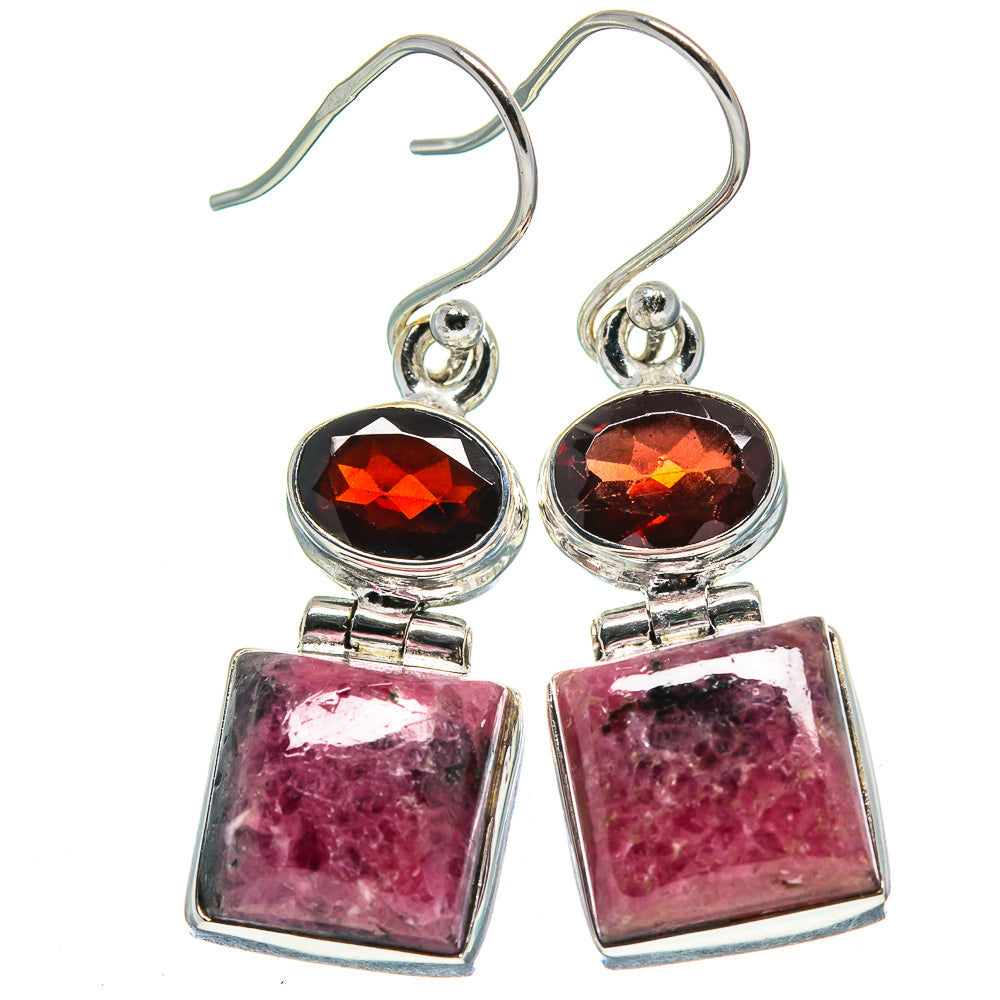 Sterling silver rhodonite and garnet drop earrings, square pink stones and red round centers