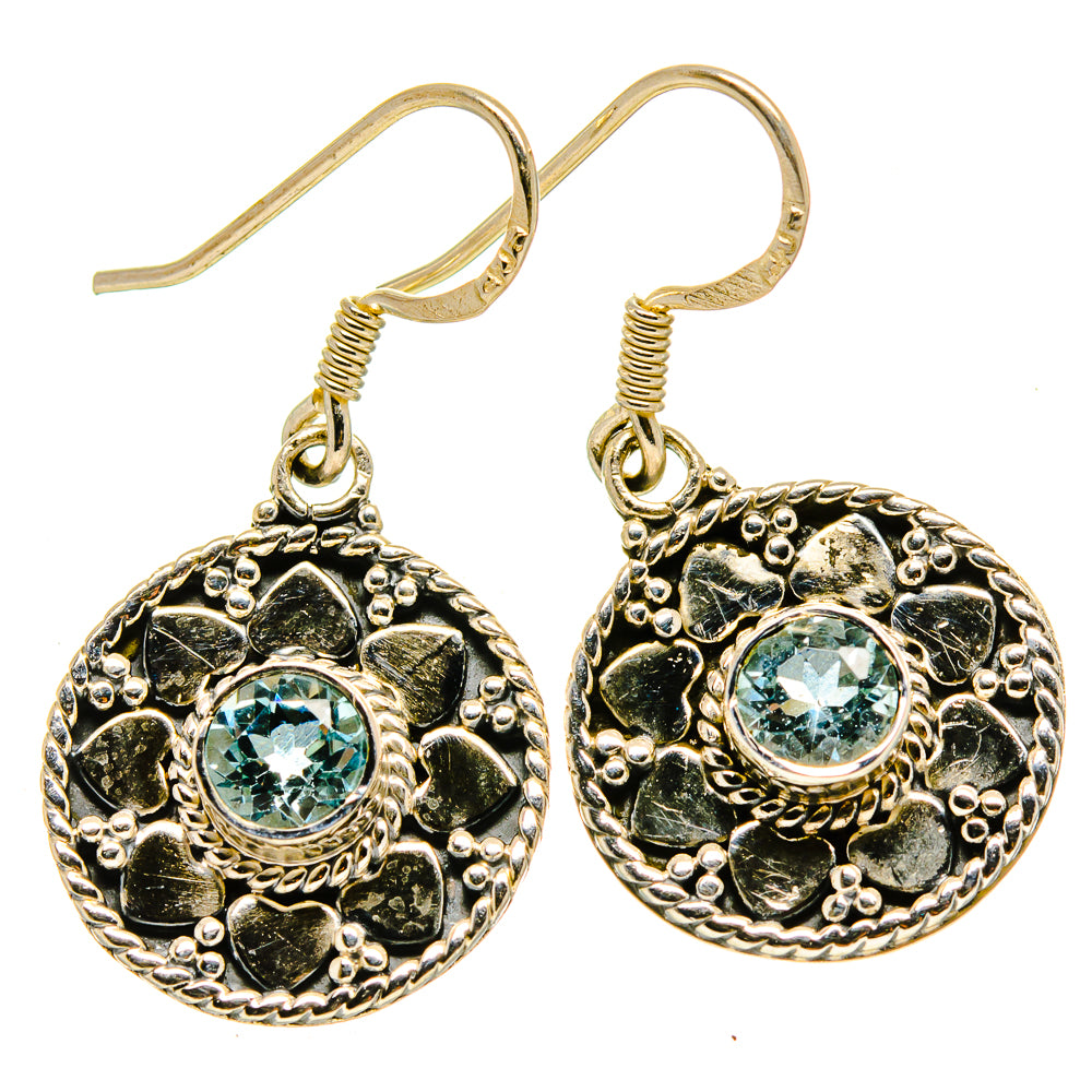 Sterling silver round blue topaz drop earrings with decorative filigree and fishhook backs