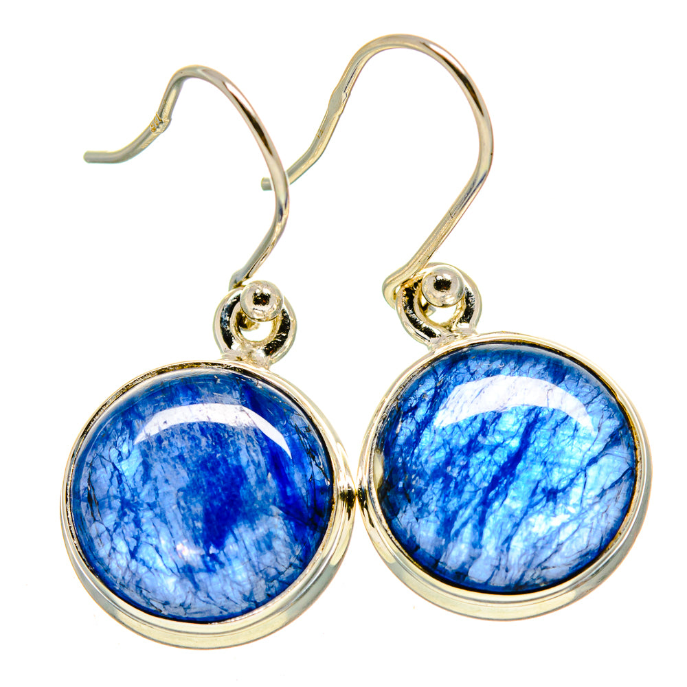 Oval kyanite drop earrings in 925 sterling silver with blue stone, gold-tone hooks