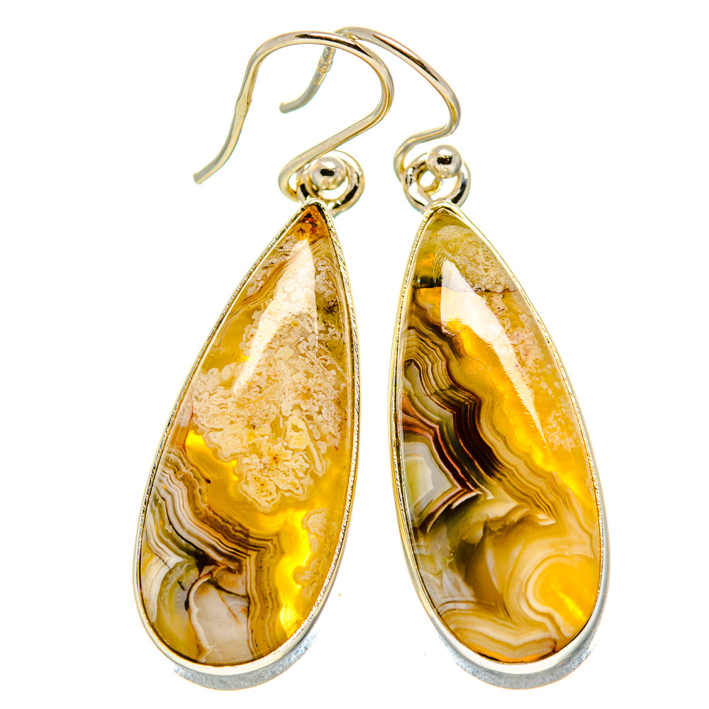 Sterling silver lace agate teardrop earrings, gold yellow and white with dark bands