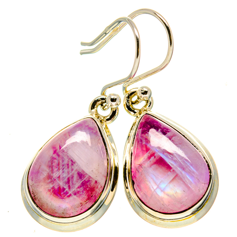 Pink teardrop moonstone earrings with gold-tone frames and silver hooks