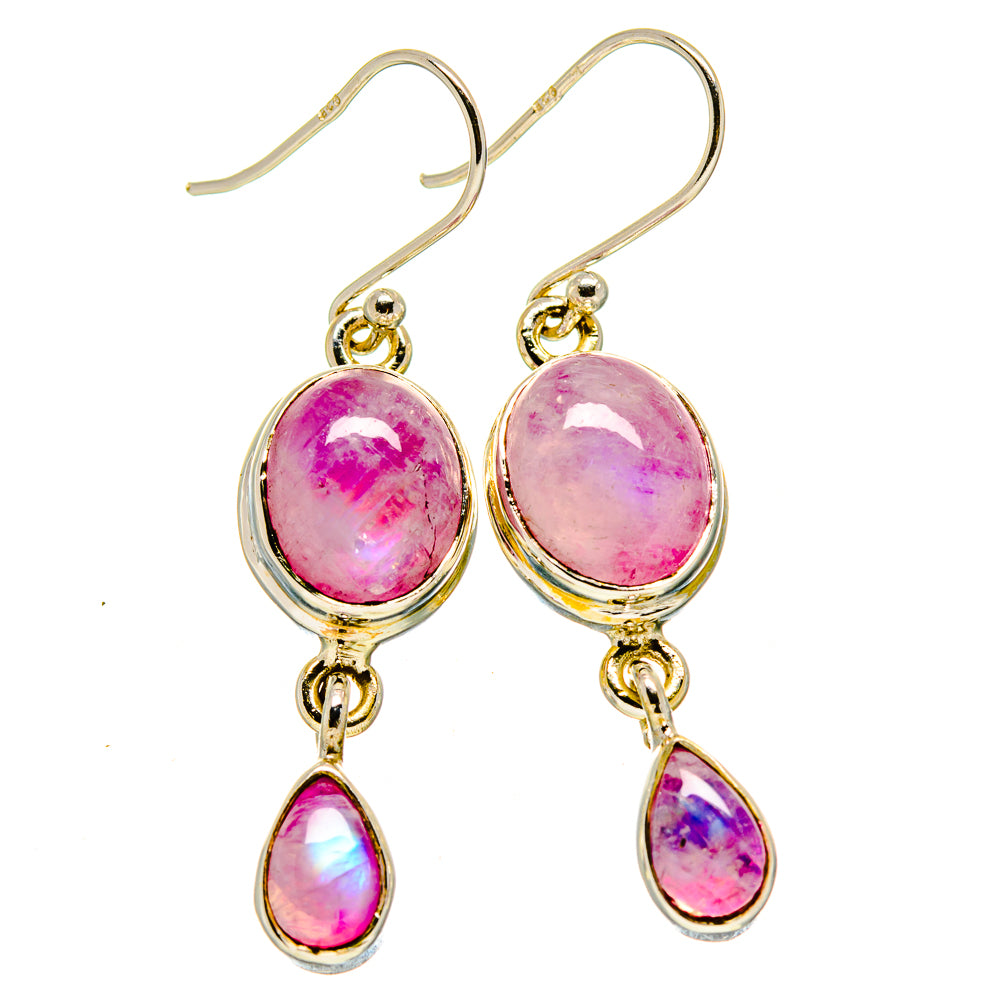 Pink moonstone drop earrings: oval top stones with teardrop charms, gold-tone hooks