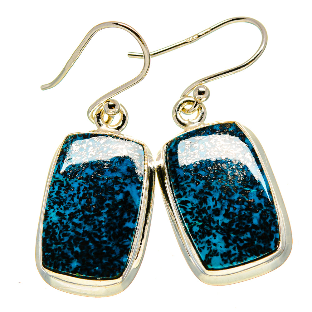 Sterling silver dangle earrings with blue shattuckite rectangles and hinged hooks