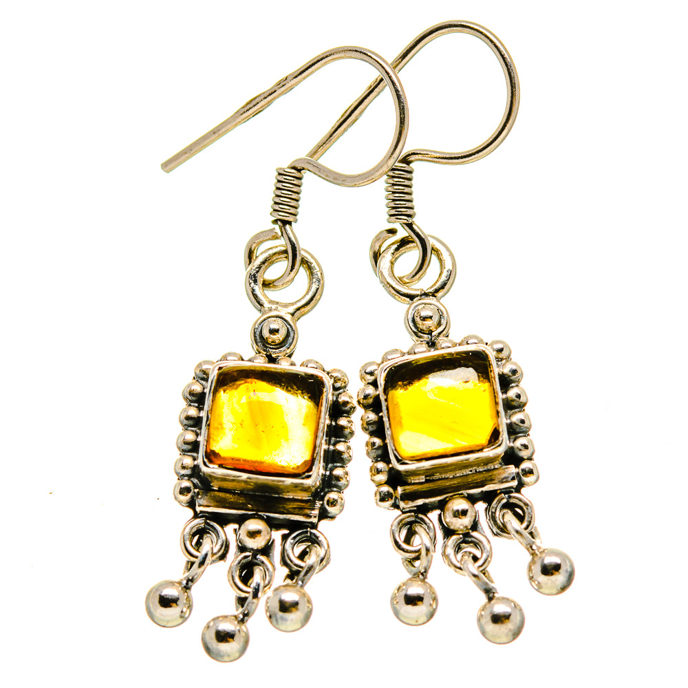 Silver citrine square stud-and-drop earrings with yellow center and hanging bead fringe