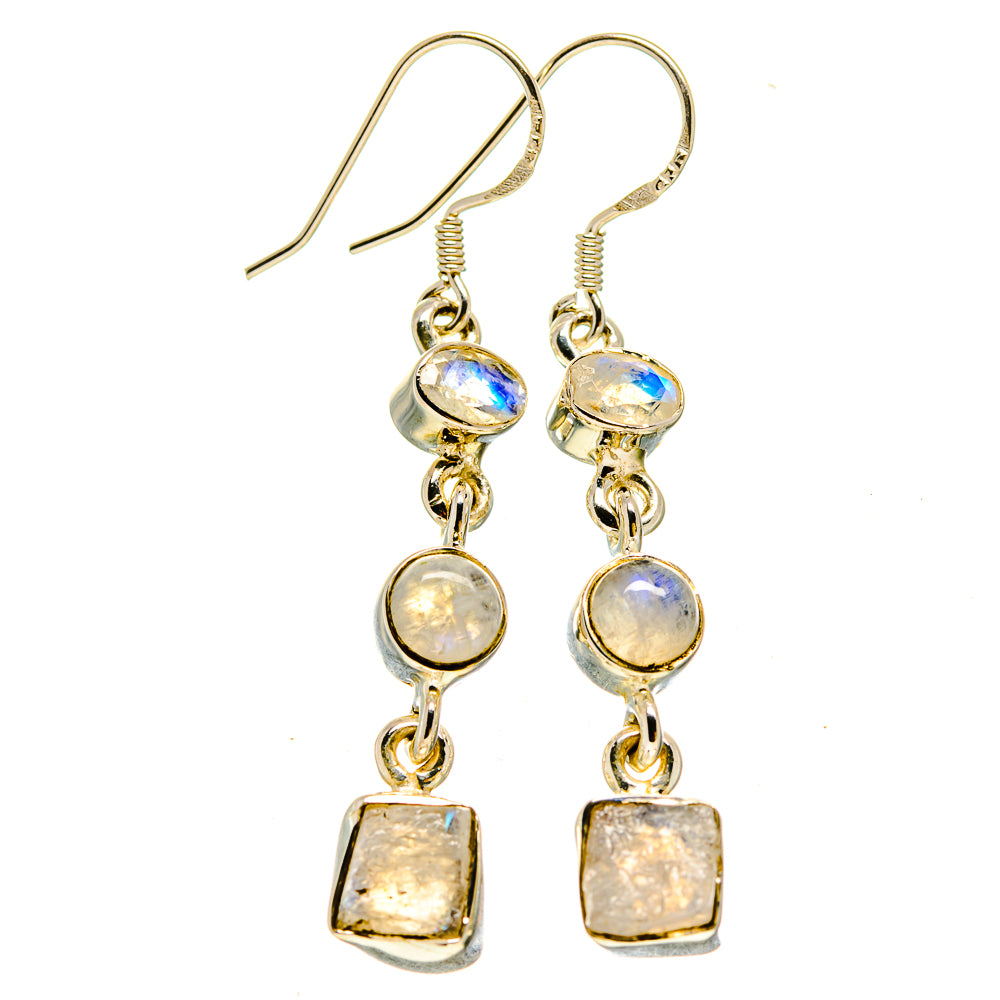 Moonstone dangle earrings with round and square opal-like charms on gold-tone hooks