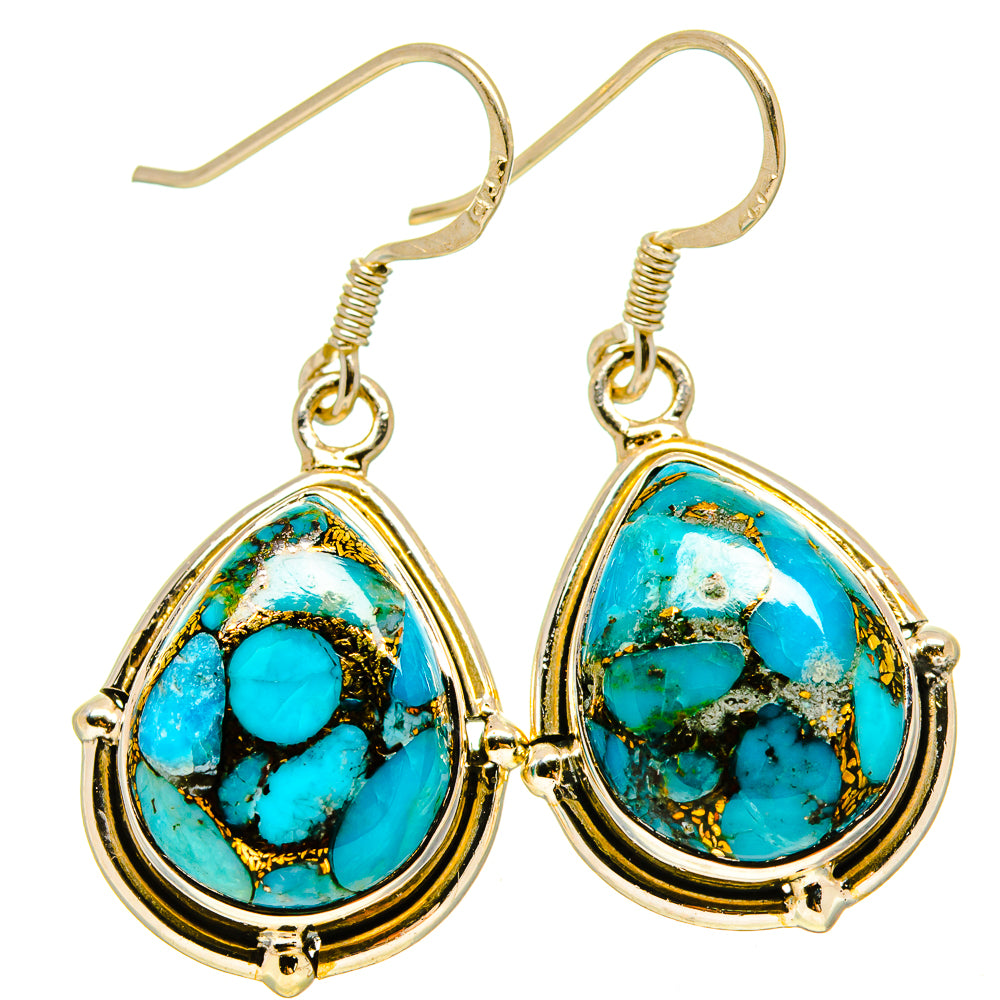 Turquoise oval cabochon drop earrings, gold-tone bezel, sterling silver lever hooks, pair view.