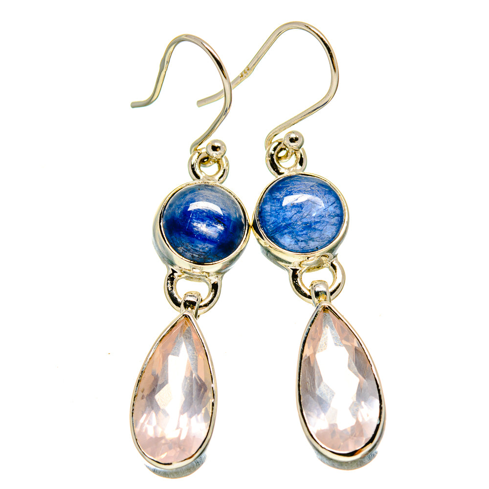Kyanite and Rose Quartz drop earrings with blue cabochon and pink faceted teardrop, silver