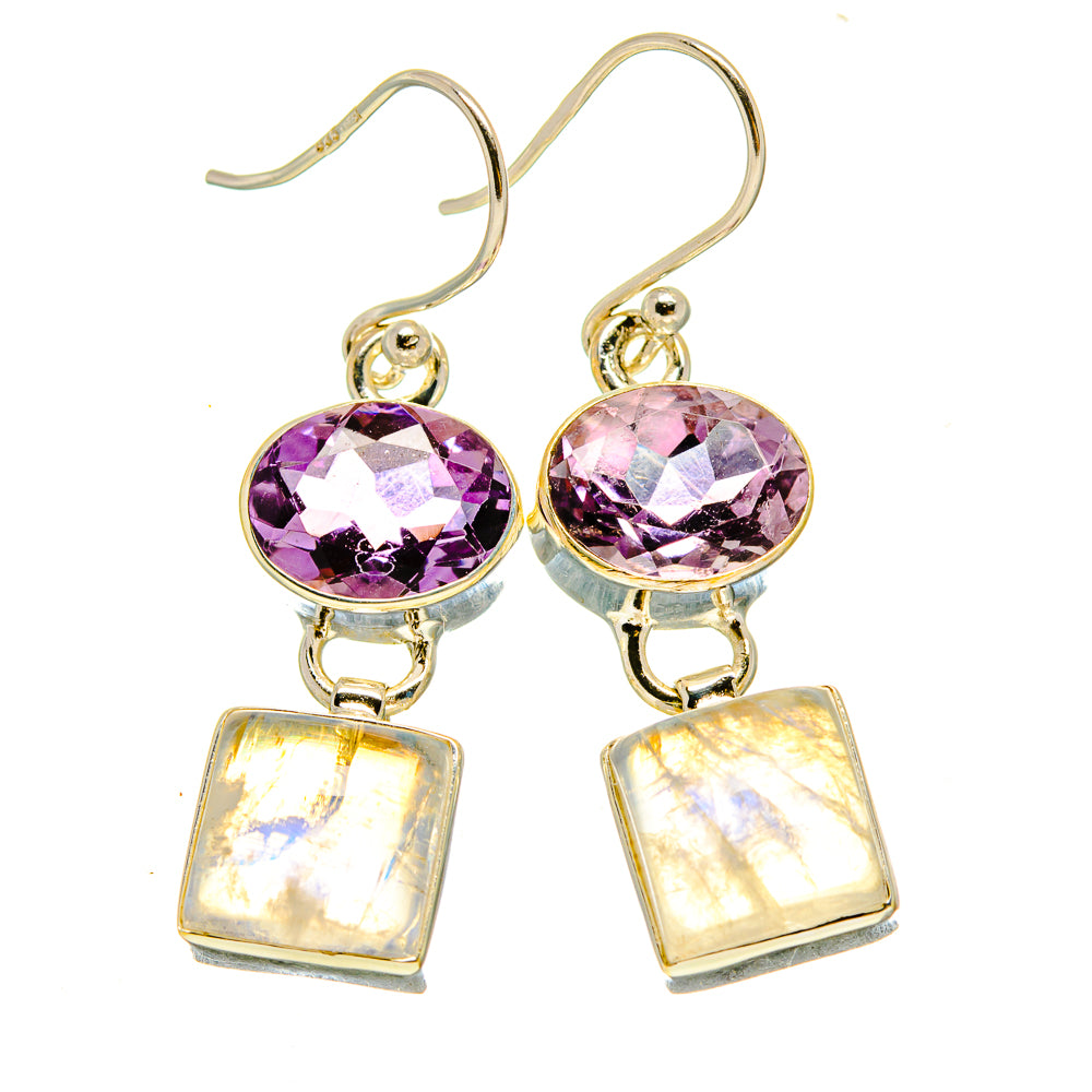 Silver earrings with purple faceted amethyst rounds and iridescent rectangular moonstone drops