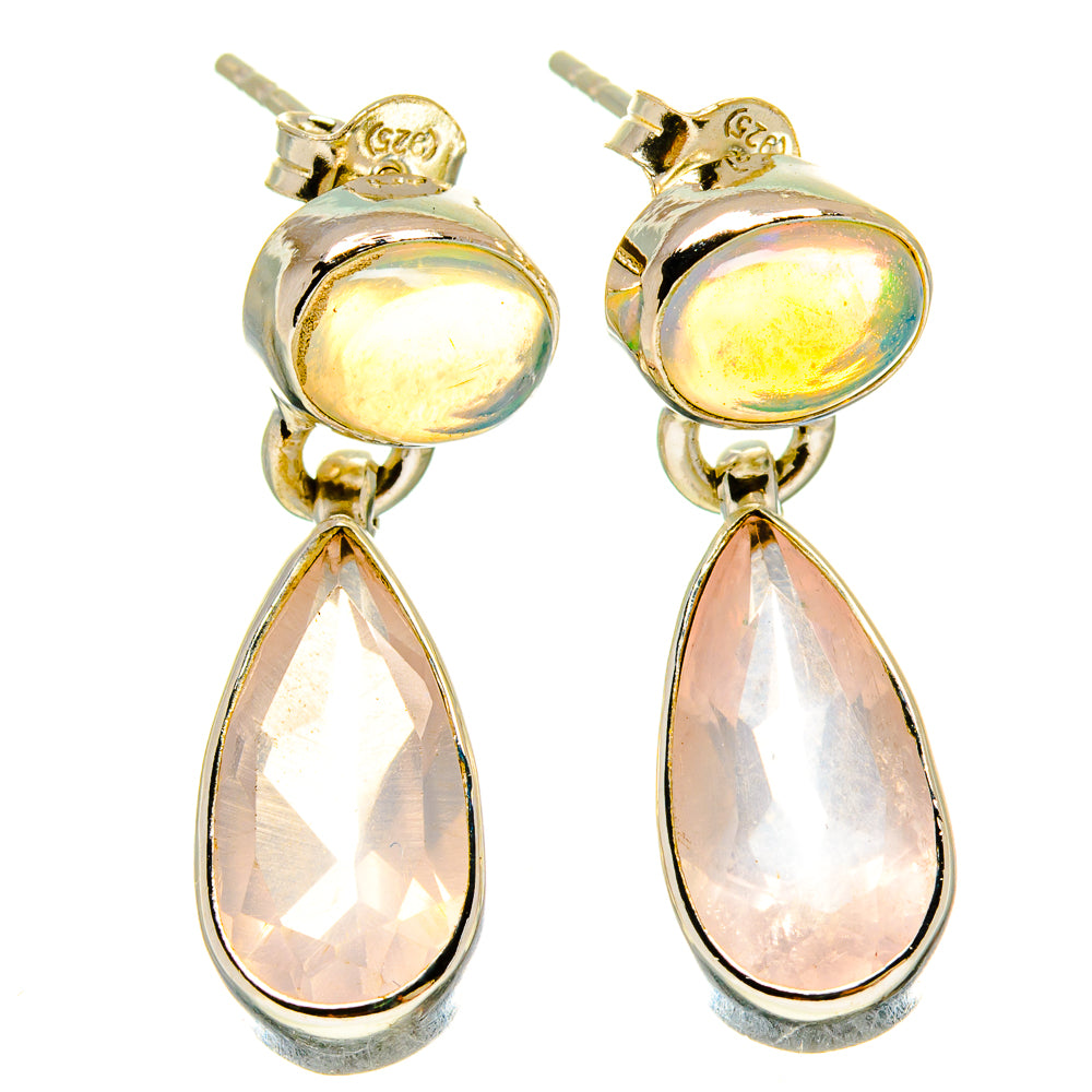 Sterling silver opal stud earrings with pink rose quartz teardrop pendants, iridescent oval